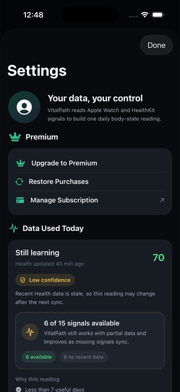 VitalPath Settings screen showing privacy and data controls